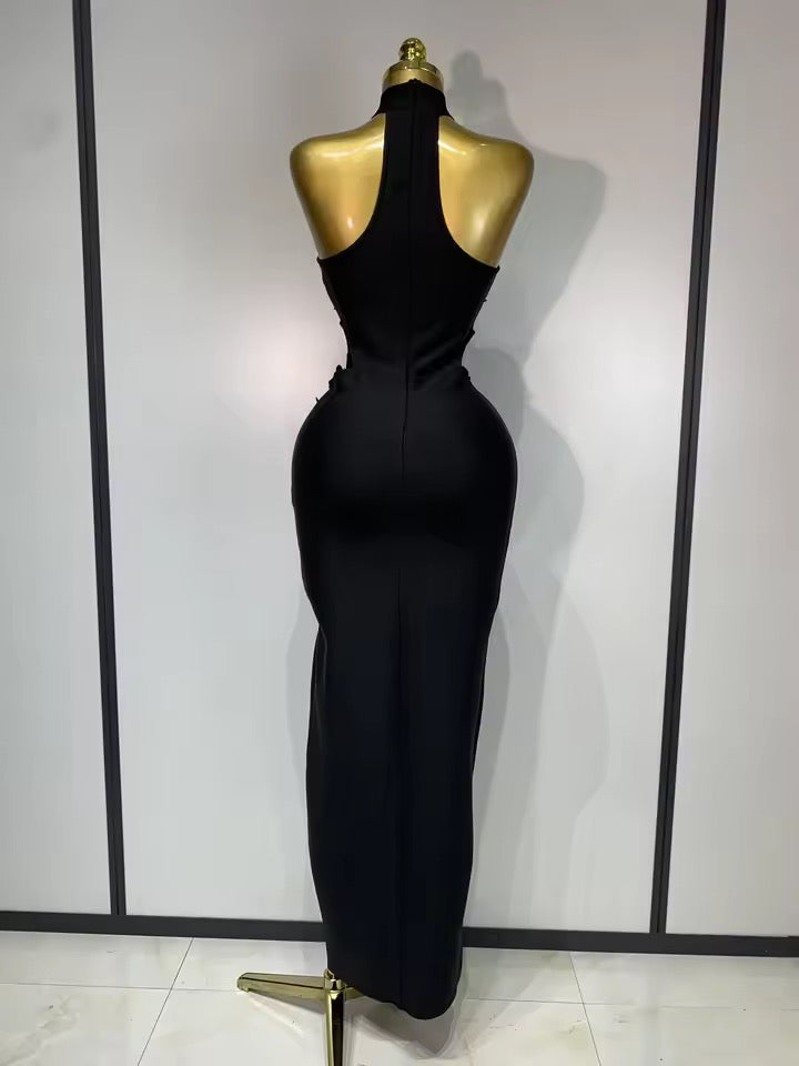 Floral Appliqué Halter Bandage Midi Dress