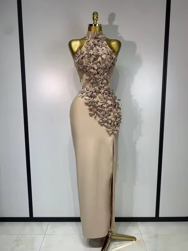 Floral Appliqué Halter Bandage Midi Dress