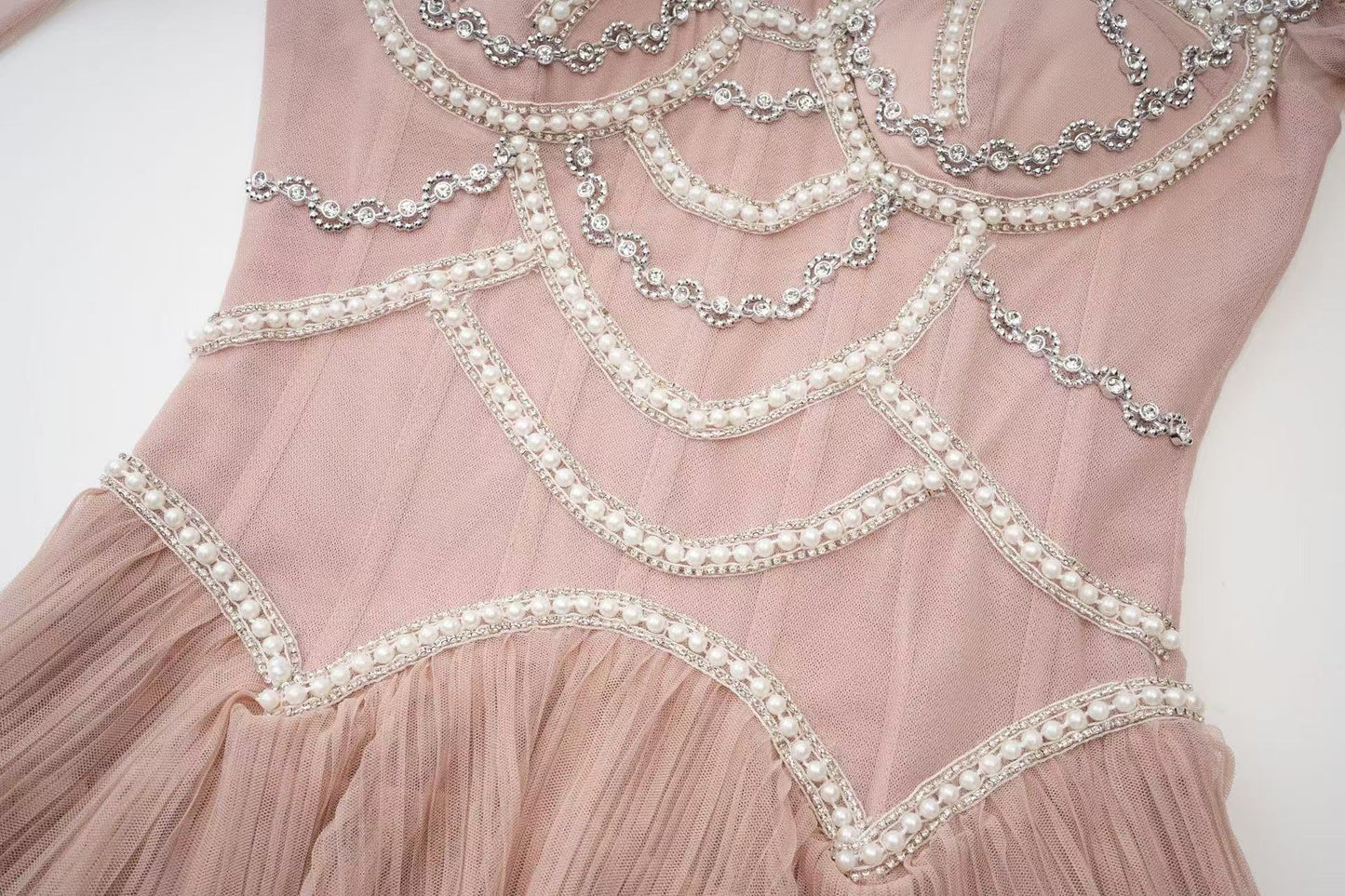 Blush Embellished Tiered Tulle Evening Dress