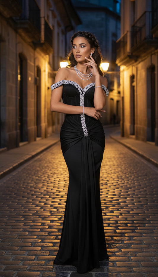 Crystal Embellished Off-Shoulder Maxi Dress – Black