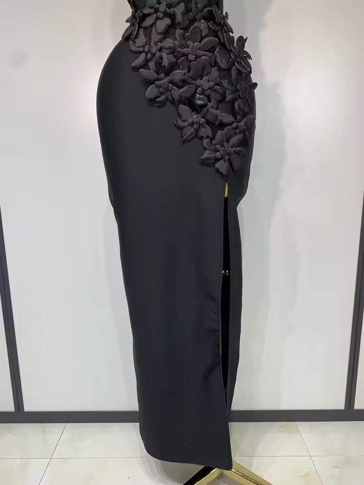 Floral Appliqué Halter Bandage Midi Dress