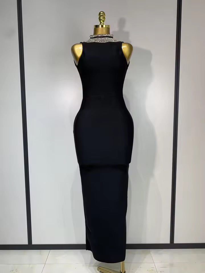 Embellished Open-Back Bandage Midi Dress