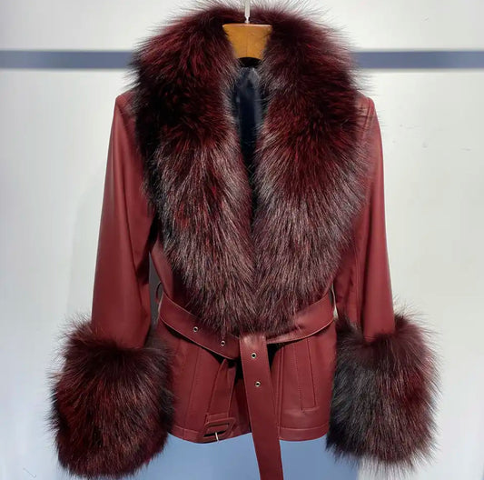 FOX FUR GENUINE LEATHER JACKET IN BURGUNDY