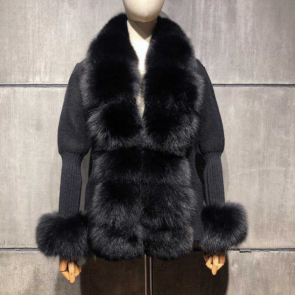 FOX FUR CASHMERE/KNIT SHORT CARDIGAN IN BLACK