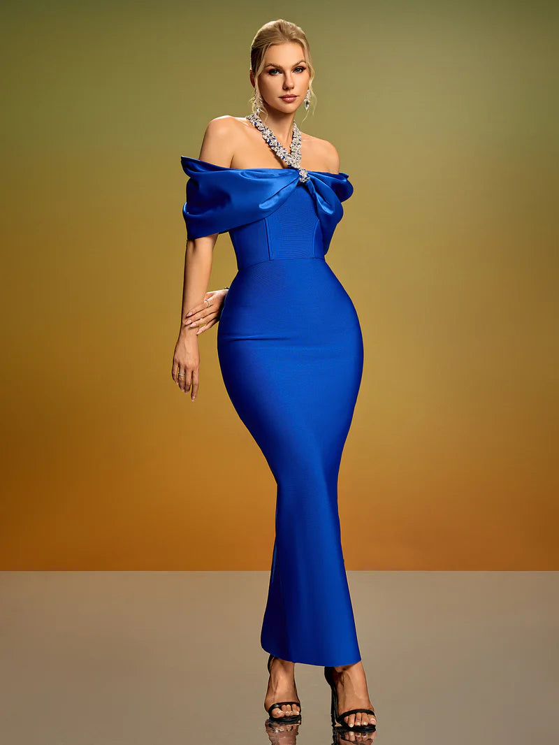 Royal Blue Crystal Halter Off-Shoulder Bandage Dress