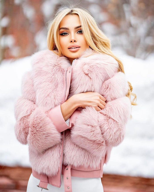 Trendy Fox Fur Genuine Leather Jacket in pink