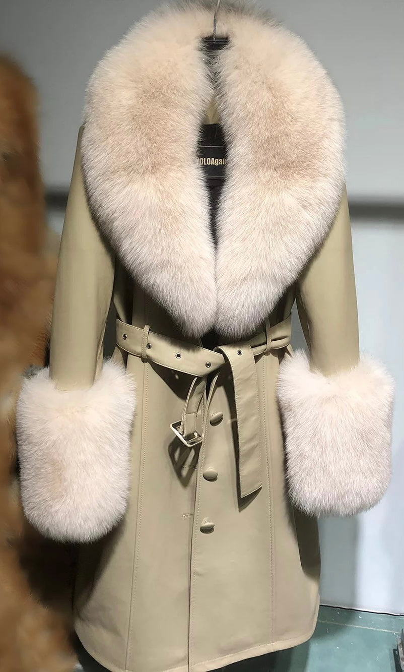 FOX FUR GENUINE LEATHER COAT IN BEIGE