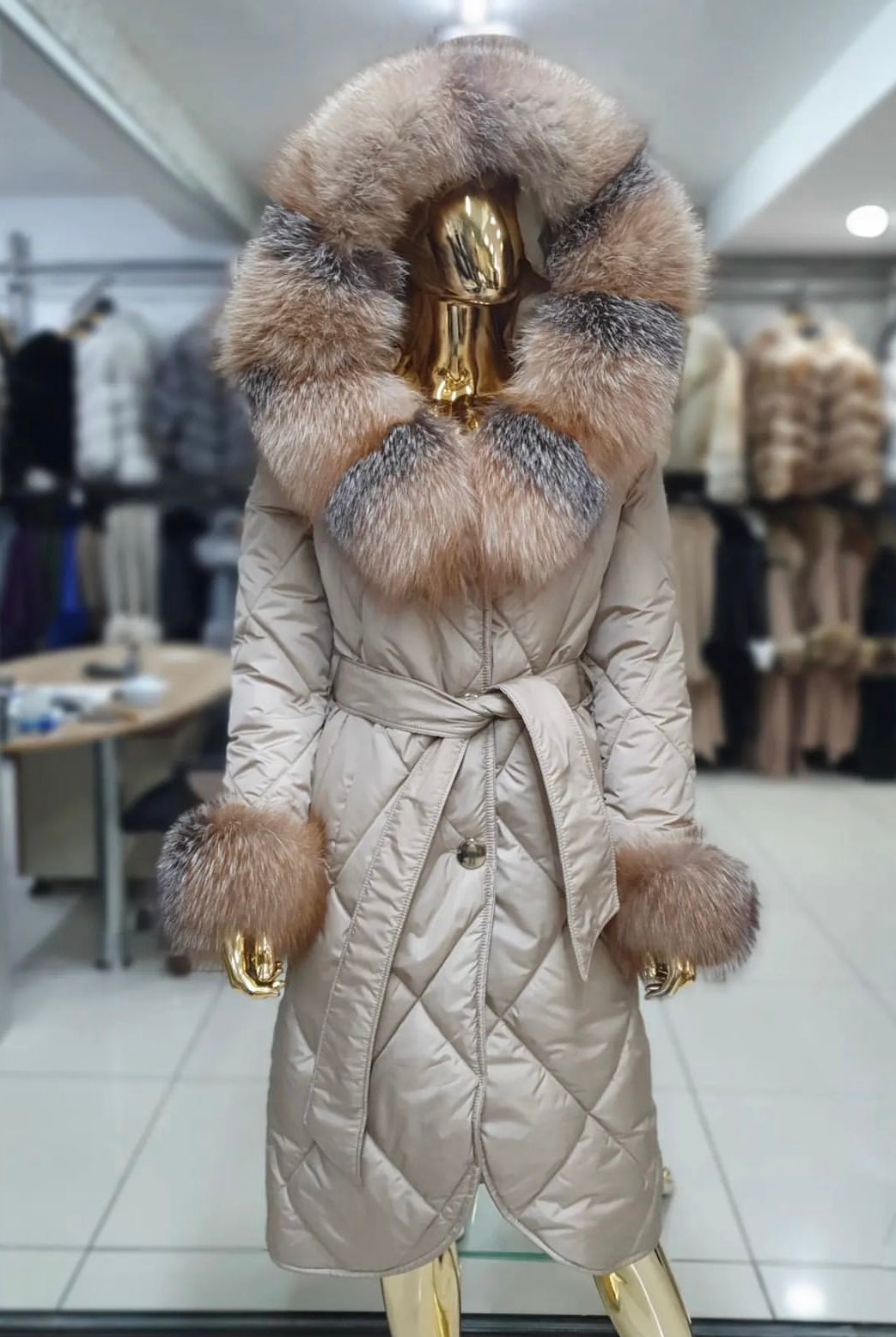 FOX FUR TRIM PUFFER JACKET IN BEIGE