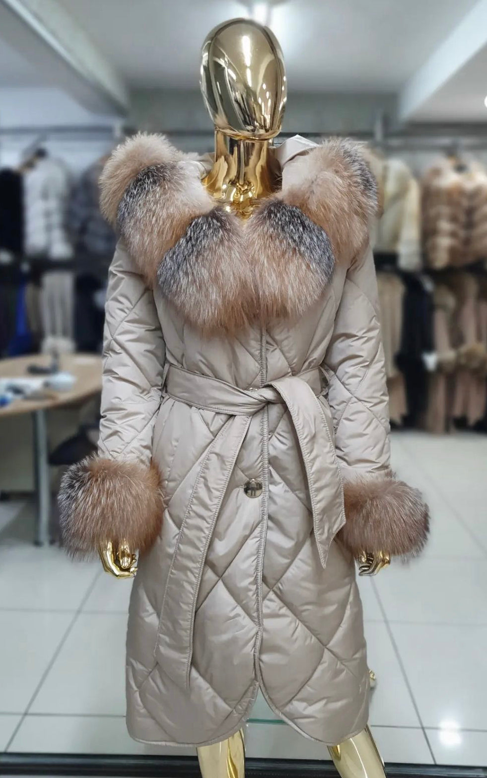 FOX FUR TRIM PUFFER JACKET IN BEIGE