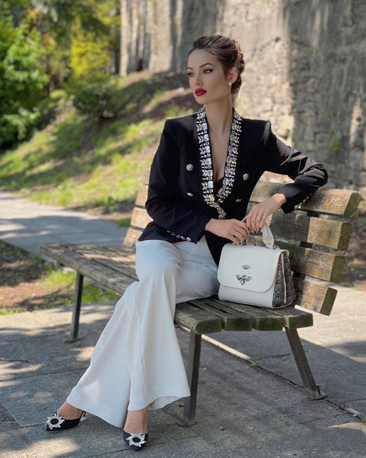 DOUBLE BREASTED BLAZER IN BLACK WITH RHINESTONE