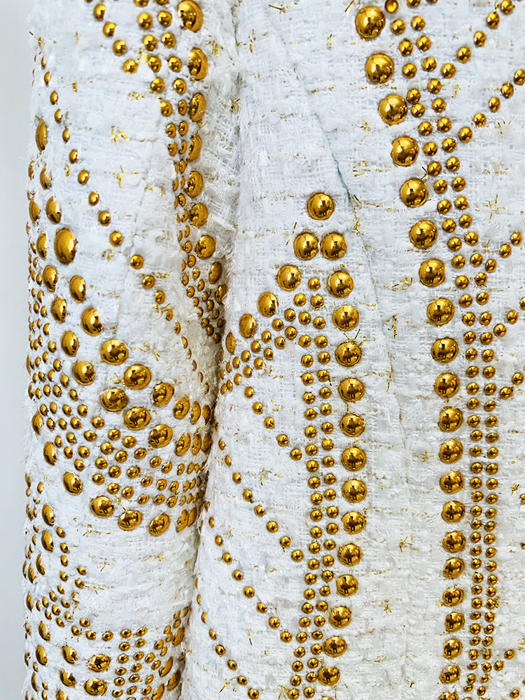 DOUBLE BREASTED WHITE EMBELLISHED TWEED BLAZER