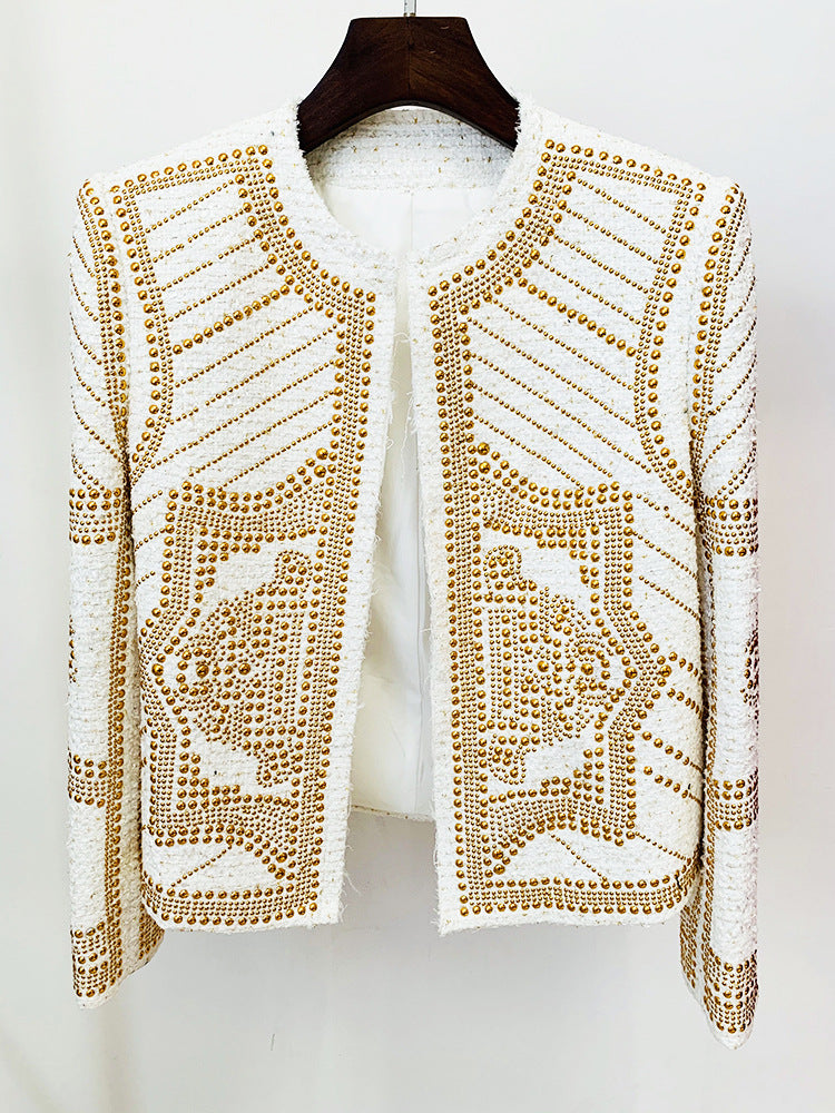 DOUBLE BREASTED WHITE EMBELLISHED TWEED BLAZER