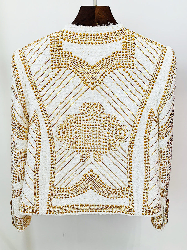 DOUBLE BREASTED WHITE EMBELLISHED TWEED BLAZER