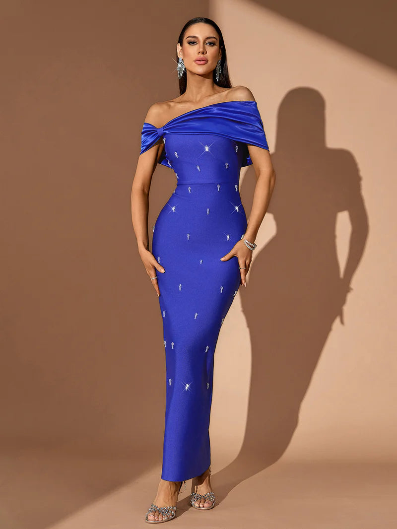 Off-Shoulder Crystal Embellished Royal Blue Bandage Maxi Dress