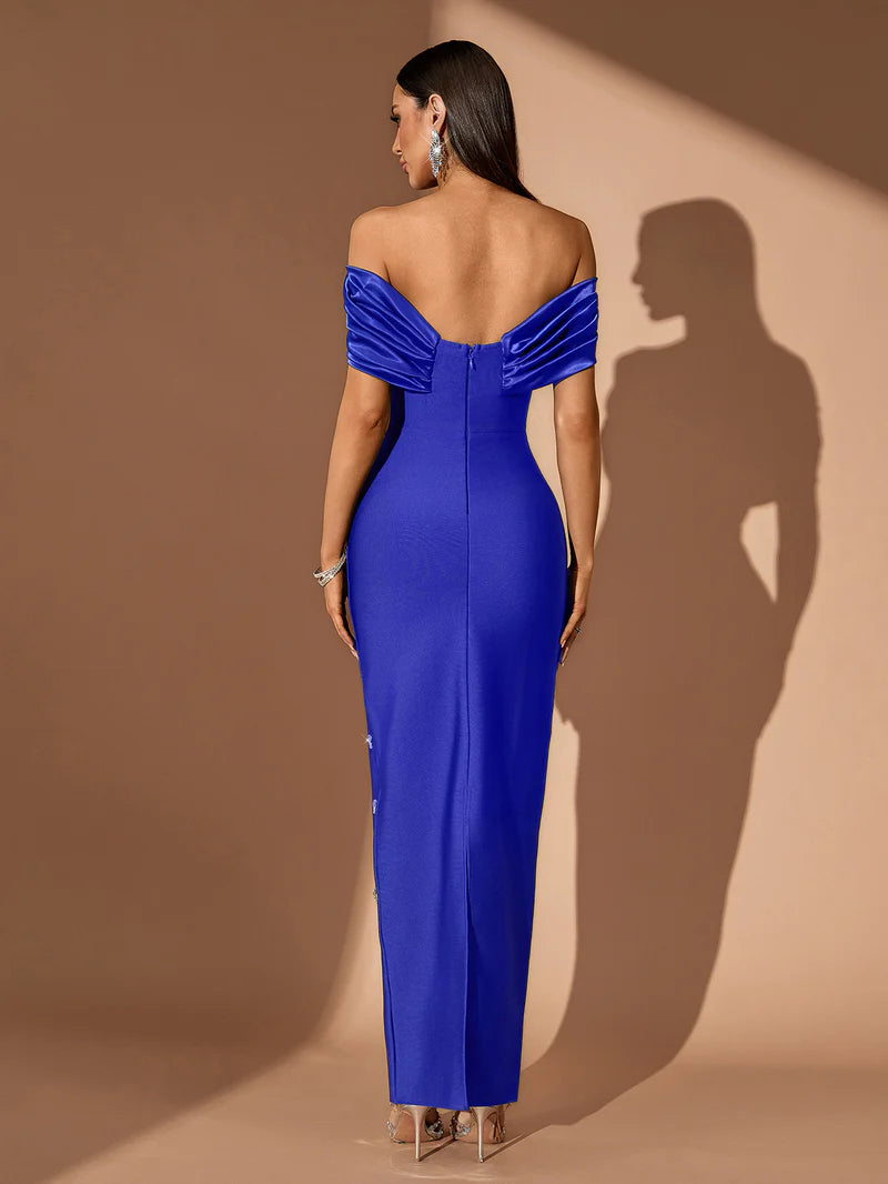 Off-Shoulder Crystal Embellished Royal Blue Bandage Maxi Dress