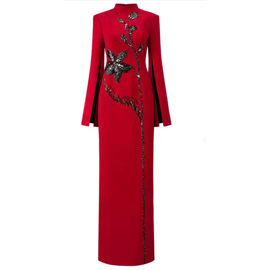 Vibrant Red Sequin Beaded O-Neck Long Sleeve Maxi Dress