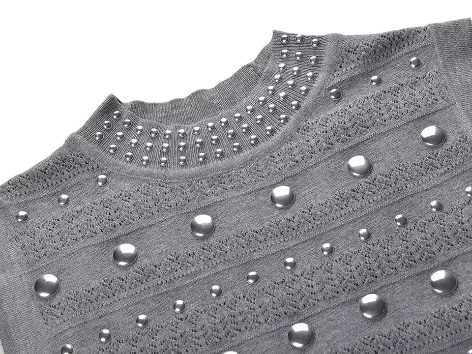 Solid Color O-Neck Sleeveless Rivet Detail Long Knit Dress