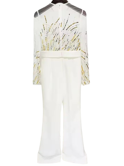 Mesh Splice Sequin Beaded Diamond Jumpsuit