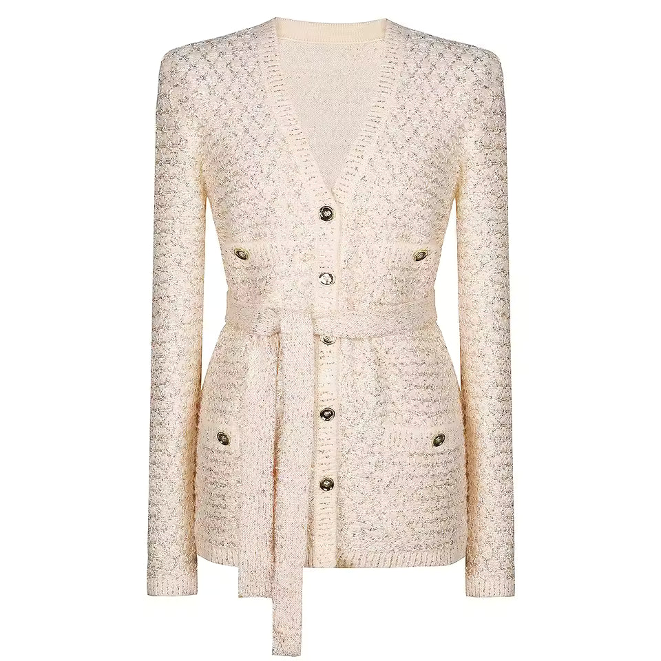 Sequined V-Neck Belted Knit Cardigan