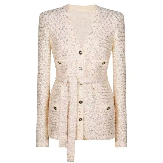 Sequined V-Neck Belted Knit Cardigan