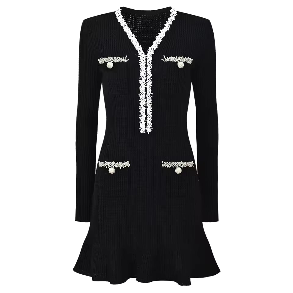 Two-Tone V-Neck Beaded Pocket Long Sleeve Slim Fit Fishtail Knit Dress