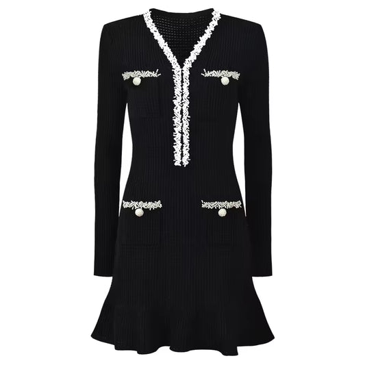 Two-Tone V-Neck Beaded Pocket Long Sleeve Slim Fit Fishtail Knit Dress