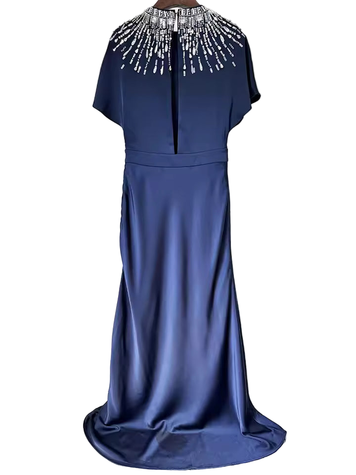 Backless Shiny Satin Diamond Beaded Maxi Dress
