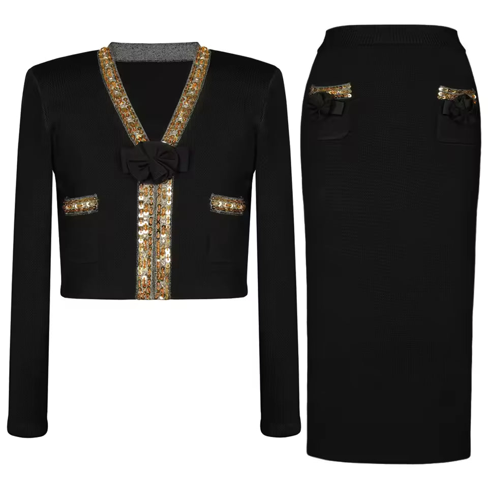 Elastic Knit 3D Floral Beaded Long Sleeve Cardigan & Slim Half Skirt Set