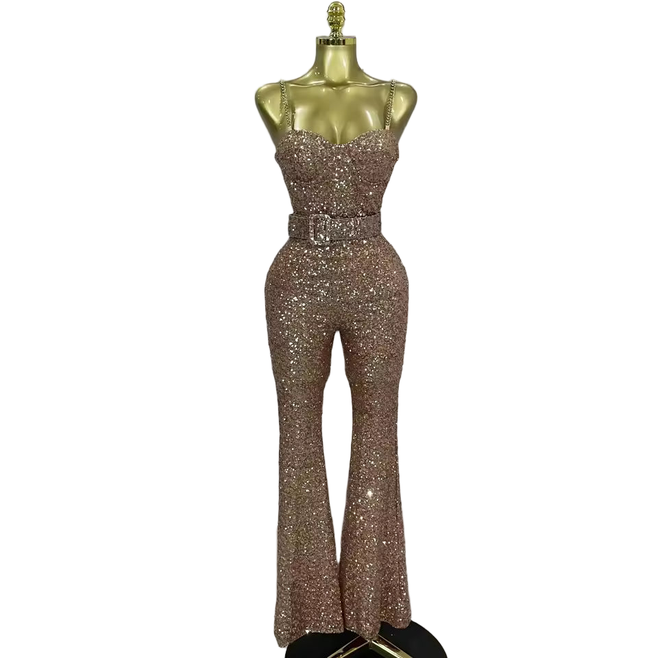 Shiny Sequin Halter Backless Bodycon Jumpsuit