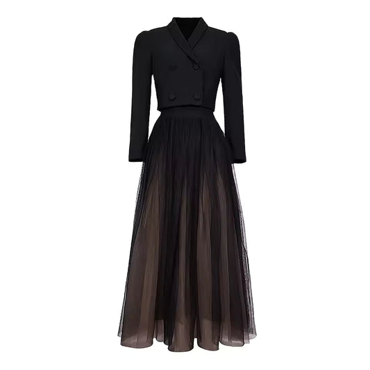 Polo Collar Knitted Mesh Dress Set