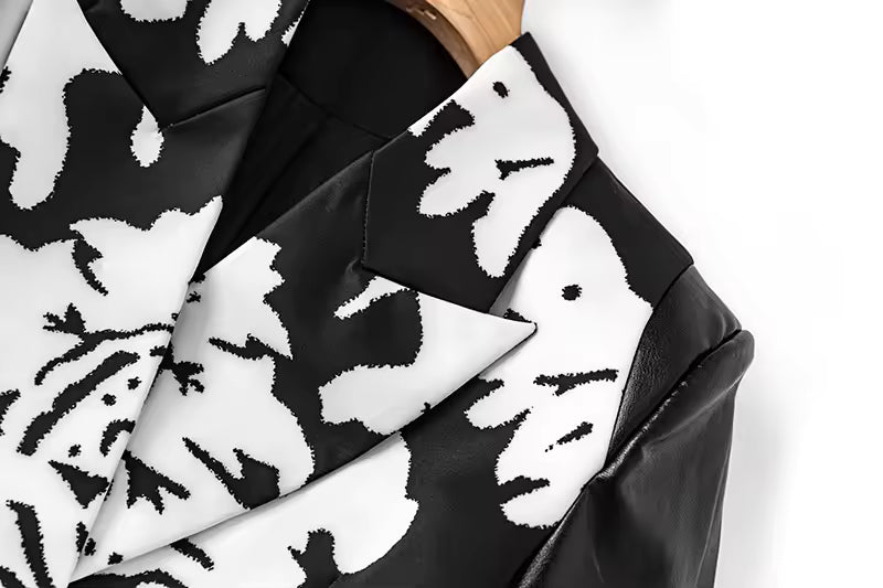 PU Patchwork Floral Slim Blazer