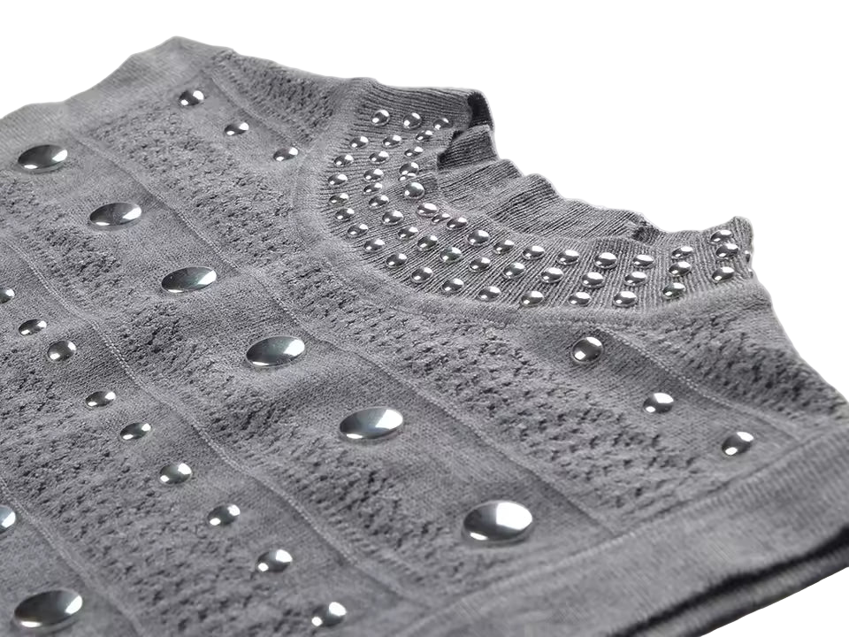 Solid Color O-Neck Sleeveless Rivet Detail Long Knit Dress