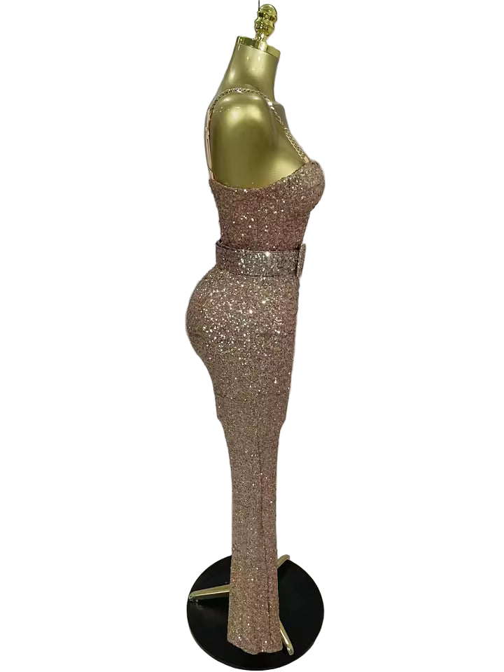 Shiny Sequin Halter Backless Bodycon Jumpsuit