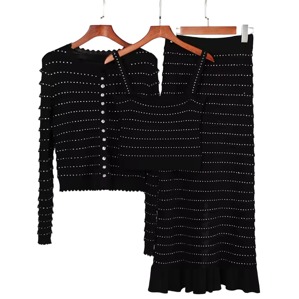 Knitted Lace Rhinestone Top Vest & Camisole with Ruffle Edge Slim Fit Half Skirt Set