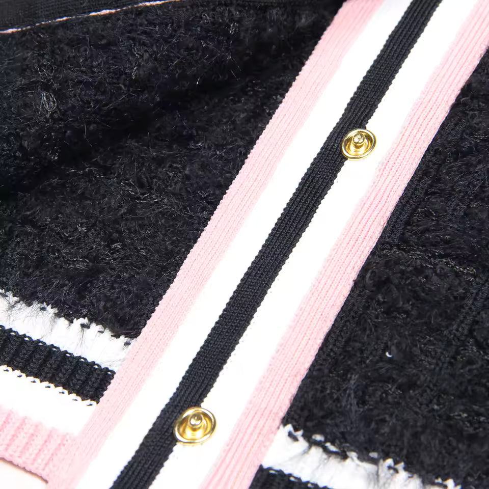 Fur Fringe Color Block Stripe Round Neck Single-Breasted Knit Vest Top