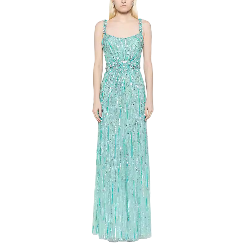 Slim Fit Sequin Patchwork Beaded Square Neck Sleeveless Dress