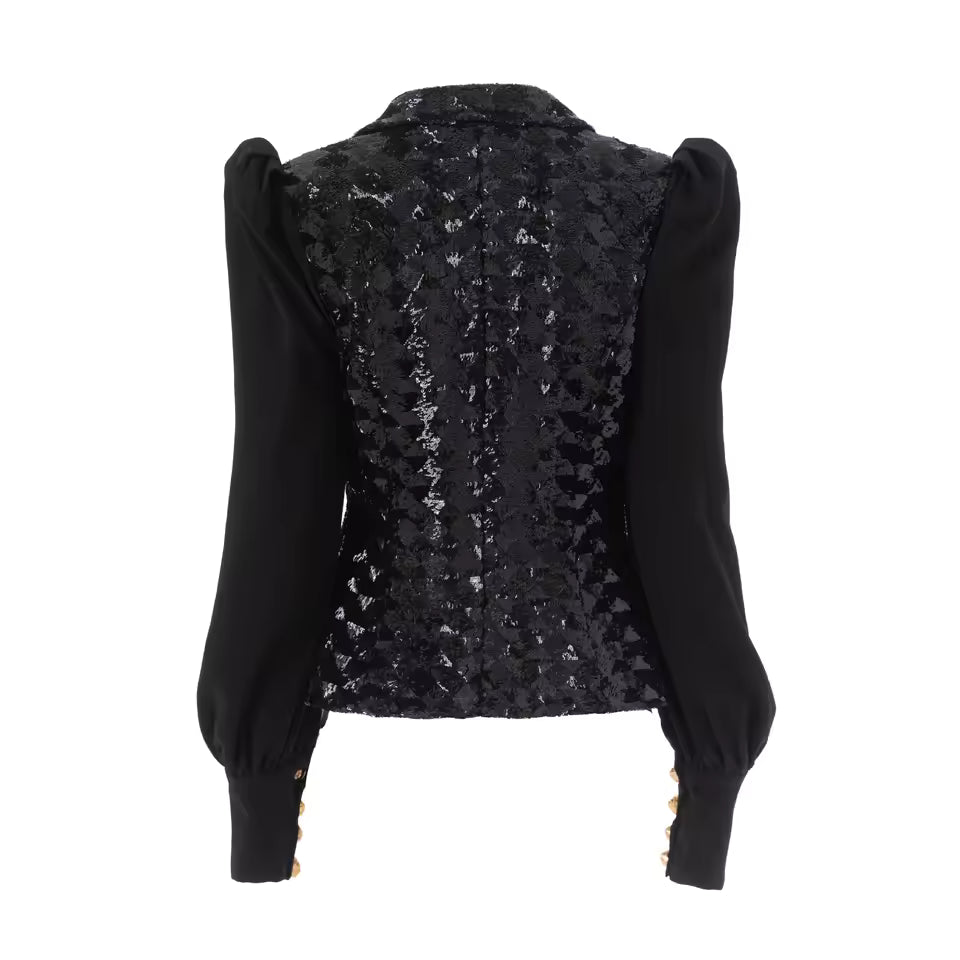 Vintage Puff Sleeve Sequin Double-Breasted Notched Blazer