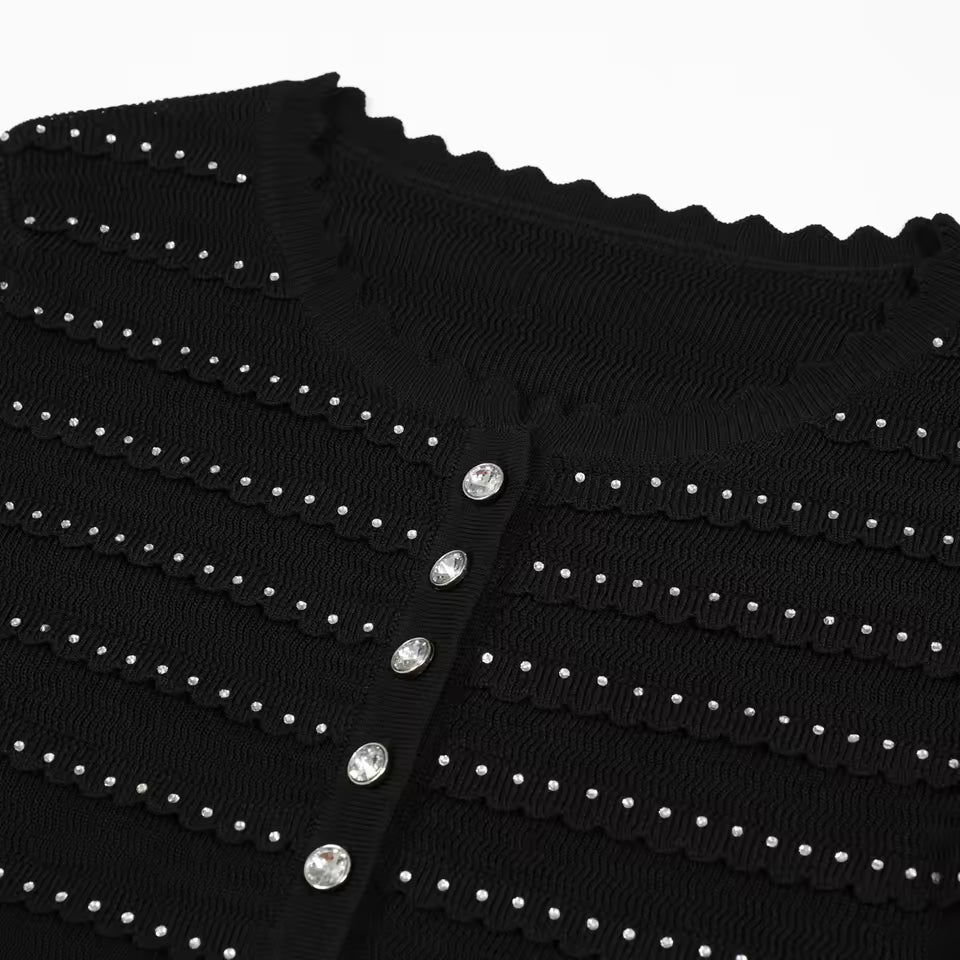 Knitted Lace Rhinestone Top Vest & Camisole with Ruffle Edge Slim Fit Half Skirt Set