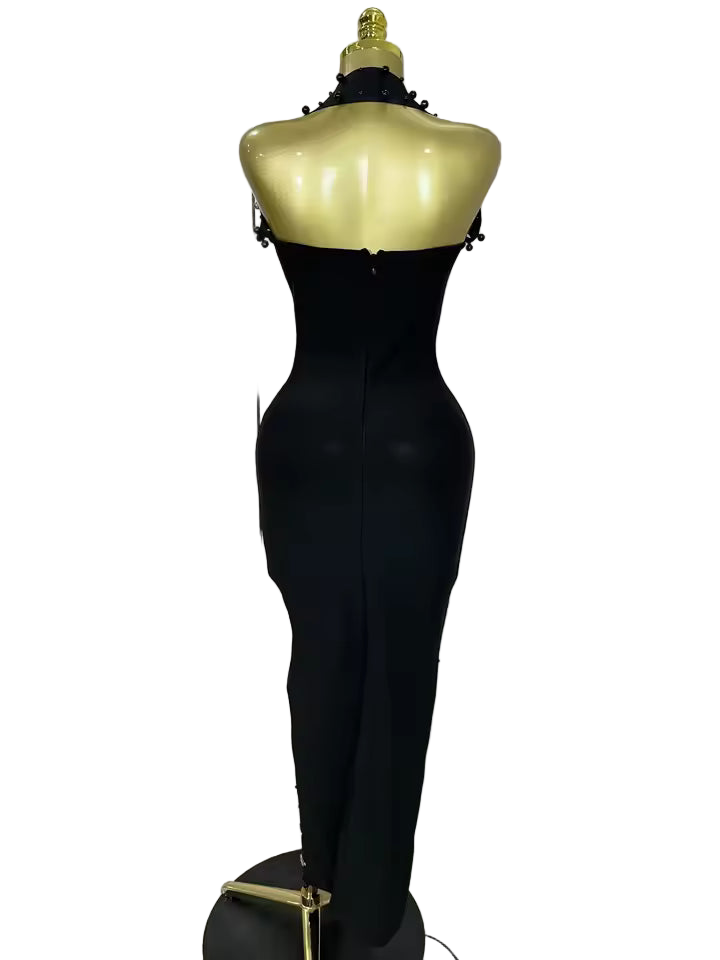 Sparkling Rhinestone Pearl Sleeveless Bodycon Bandage Long Dress