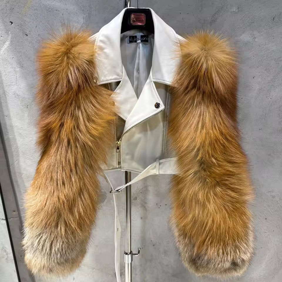 Leather Biker Jacket with Fox Fur Sleeves