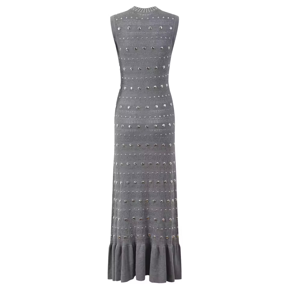 Solid Color O-Neck Sleeveless Rivet Detail Long Knit Dress