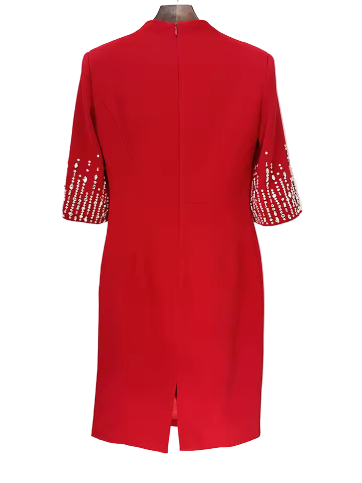 Rhinestone Beaded V-Neck Half Sleeve Knit Midi Dress