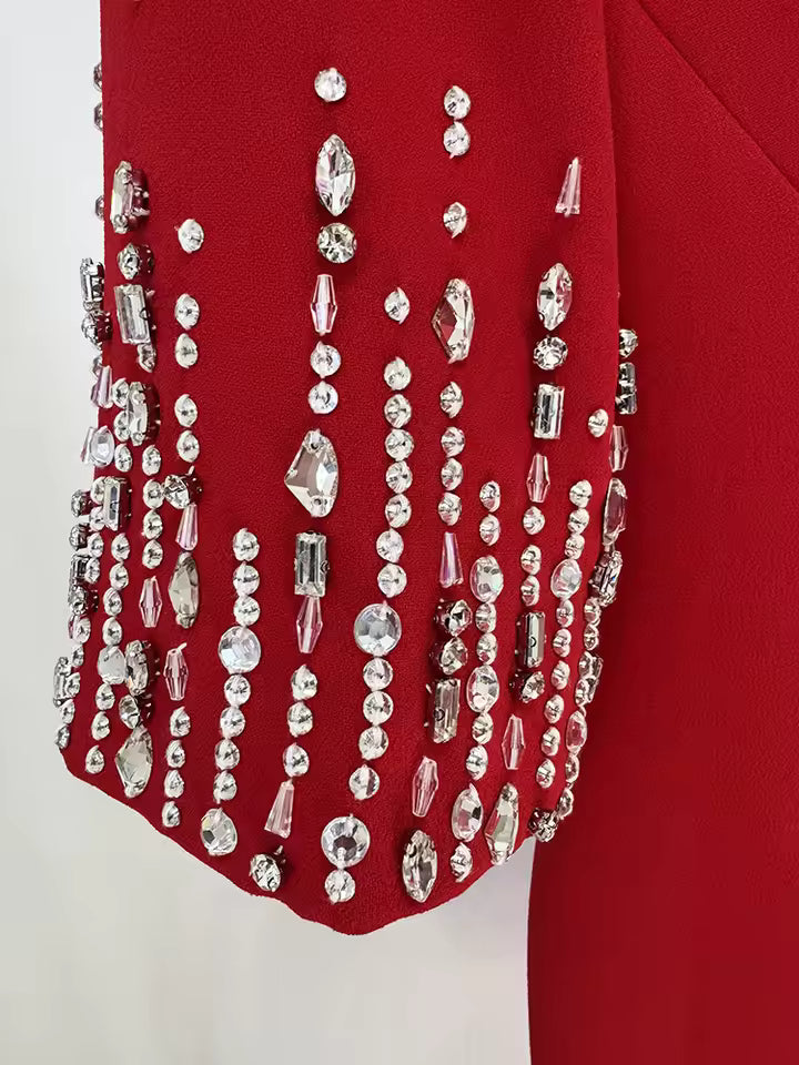 Rhinestone Beaded V-Neck Half Sleeve Knit Midi Dress