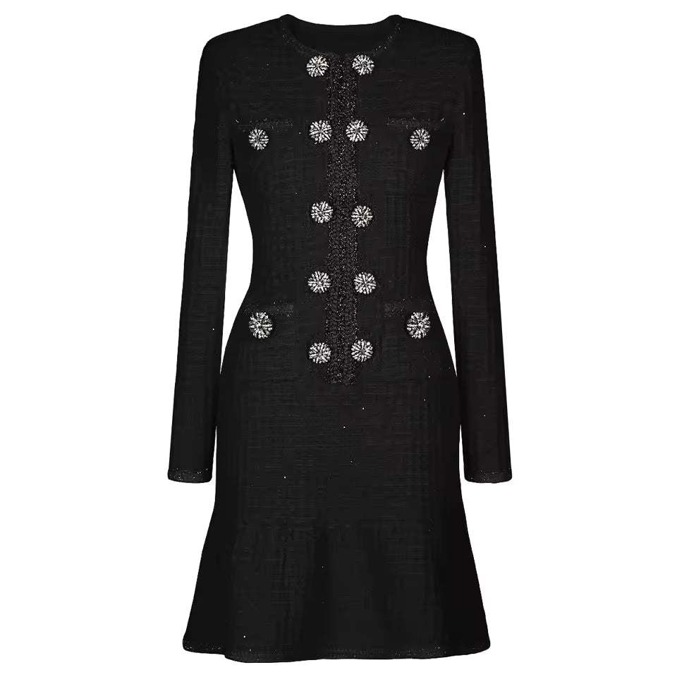 Knitted Rhinestone Button Round Neck Long Sleeve Fishtail Slim Fit Dress