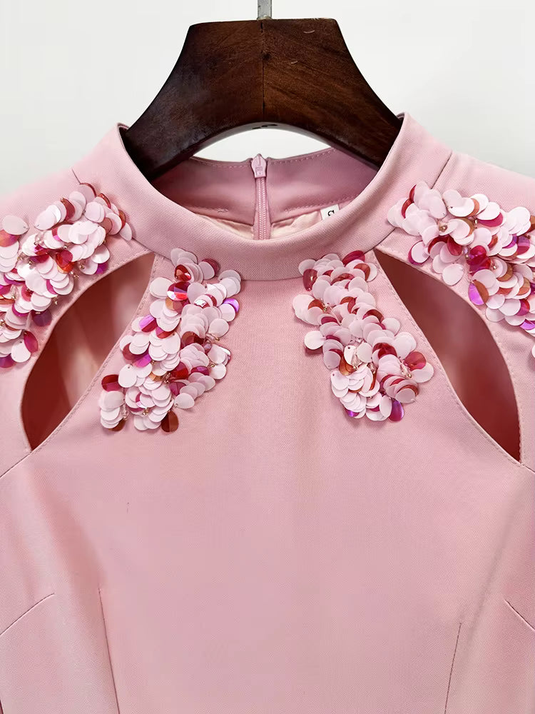 Stand Collar Beaded Sequin Hollow Out Maxi Dress