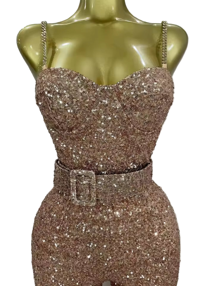 Shiny Sequin Halter Backless Bodycon Jumpsuit