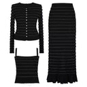 Knitted Lace Rhinestone Top Vest & Camisole with Ruffle Edge Slim Fit Half Skirt Set