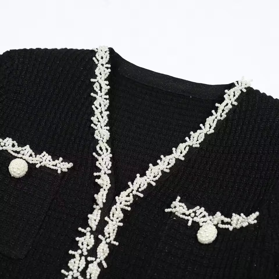 Two-Tone V-Neck Beaded Pocket Long Sleeve Slim Fit Fishtail Knit Dress