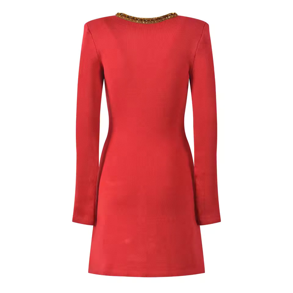 Rose Accent Knitted Mini Dress – V-Neck Long Sleeve