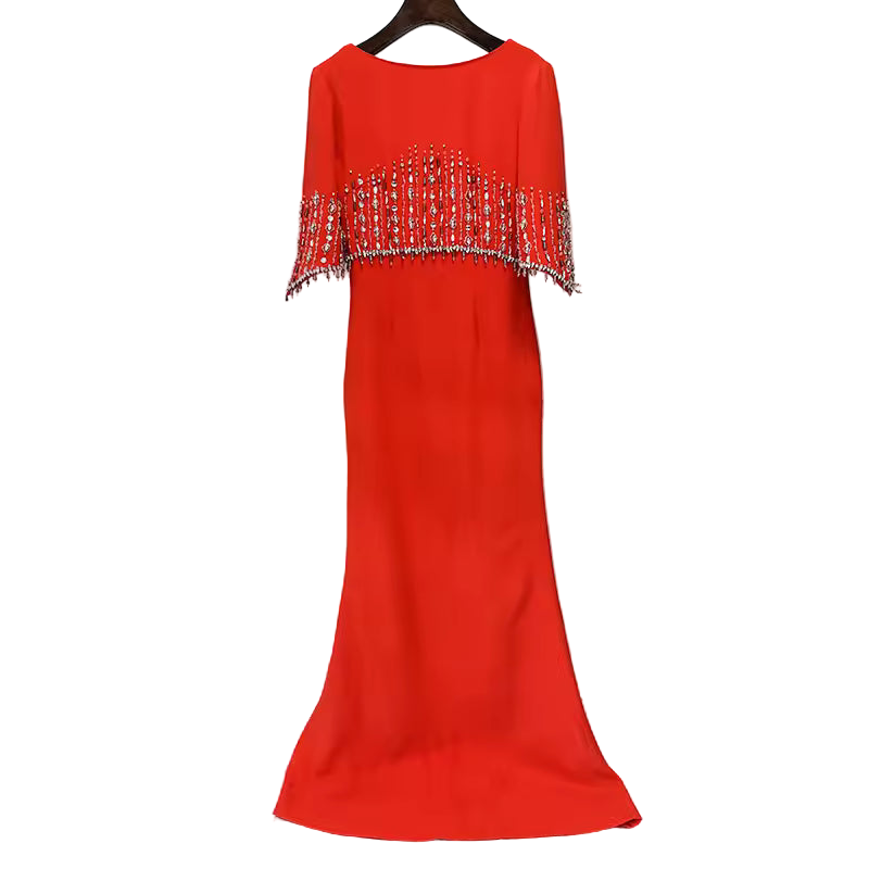 Slim Fit Patchwork Beaded Midi Dress with Half Sleeves